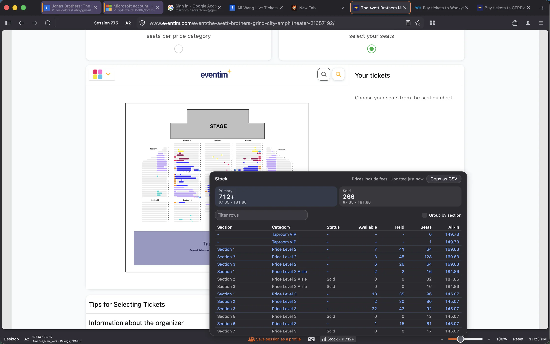 The Event Stock panel over an Eventim seat map, counting 712+ primary seats and 266 sold, with a row per section and price level giving available, held and total seats and the all-in price.
