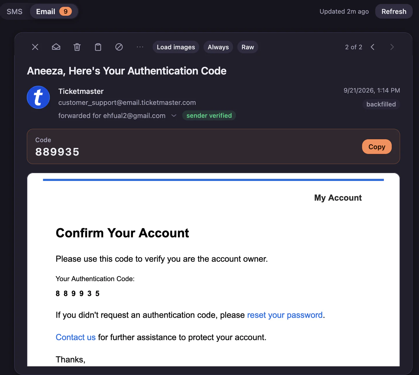 A Ticketmaster verification email in the Omnifox Ingest reader, with the six-digit code lifted out above the message and a Copy button.