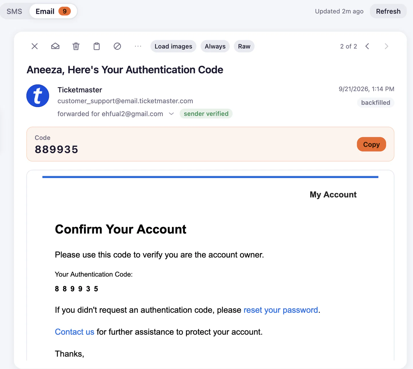 A Ticketmaster verification email in the Omnifox Ingest reader, with the six-digit code lifted out above the message and a Copy button.