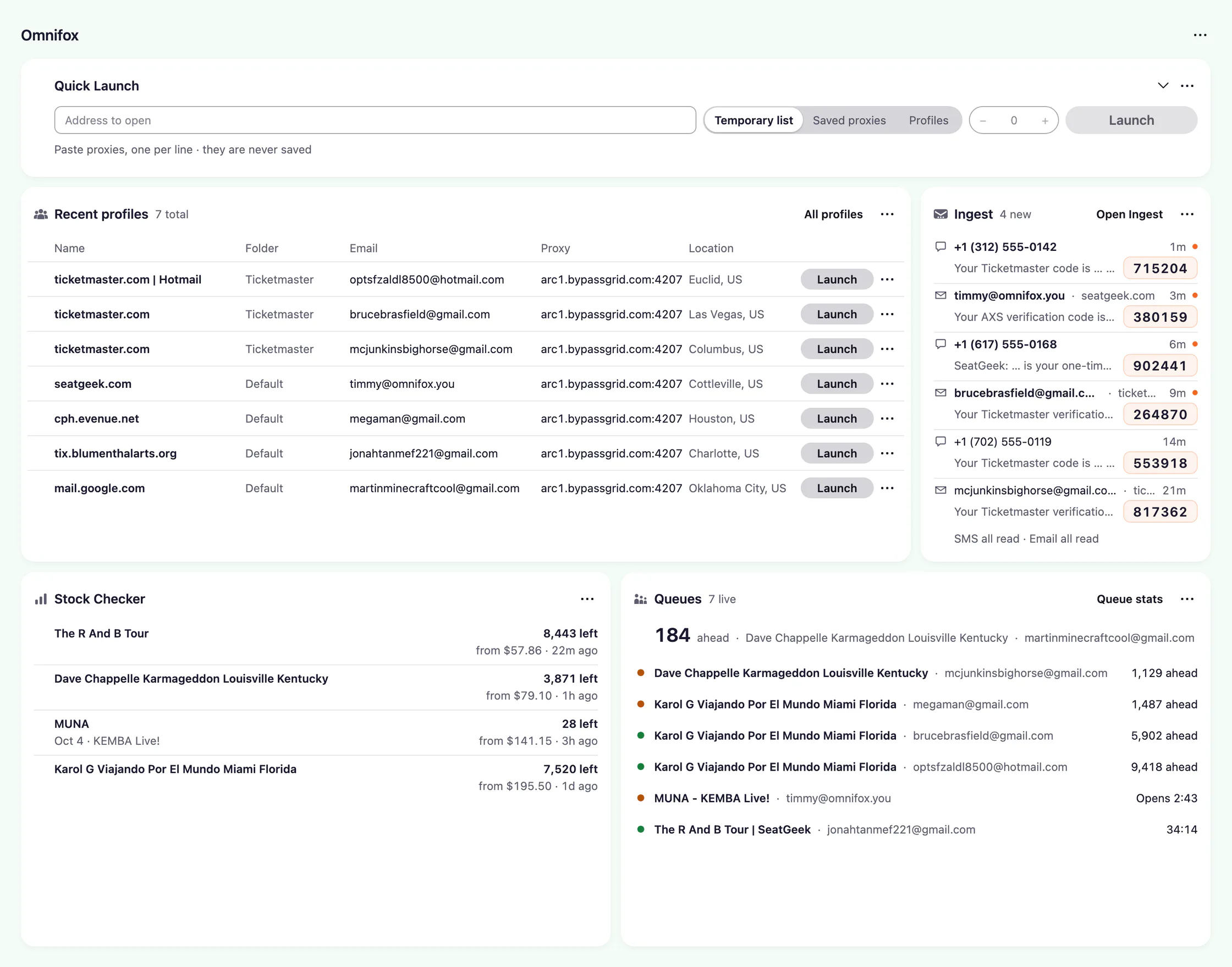 The browser's home page rearranging itself four times, its Quick Launch, Recent profiles, Ingest, Stock Checker and Queues tiles trading places and sizes.