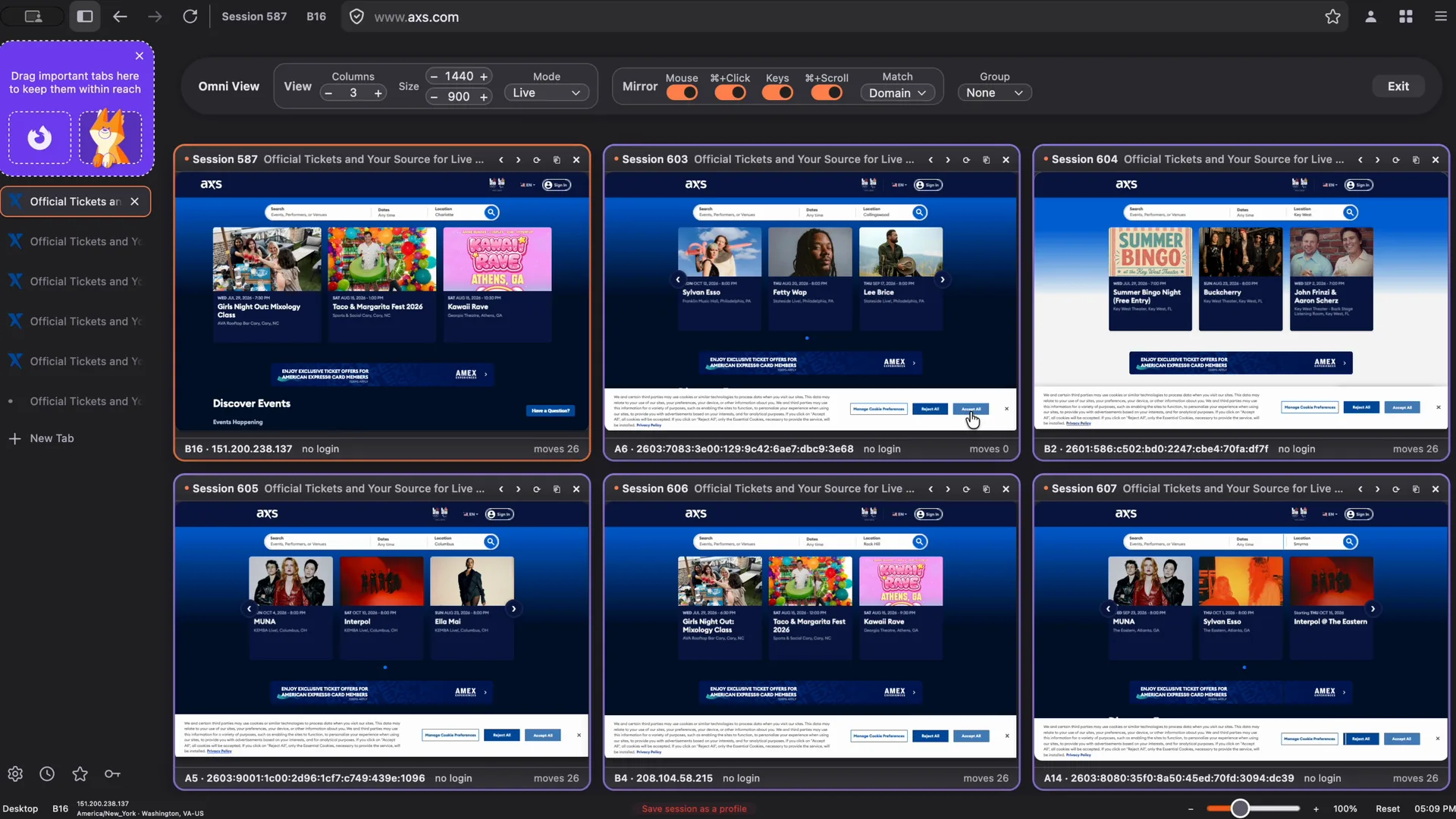 Six live tabs in a grid, each loading the same site through a different proxy, all driven from one tab.