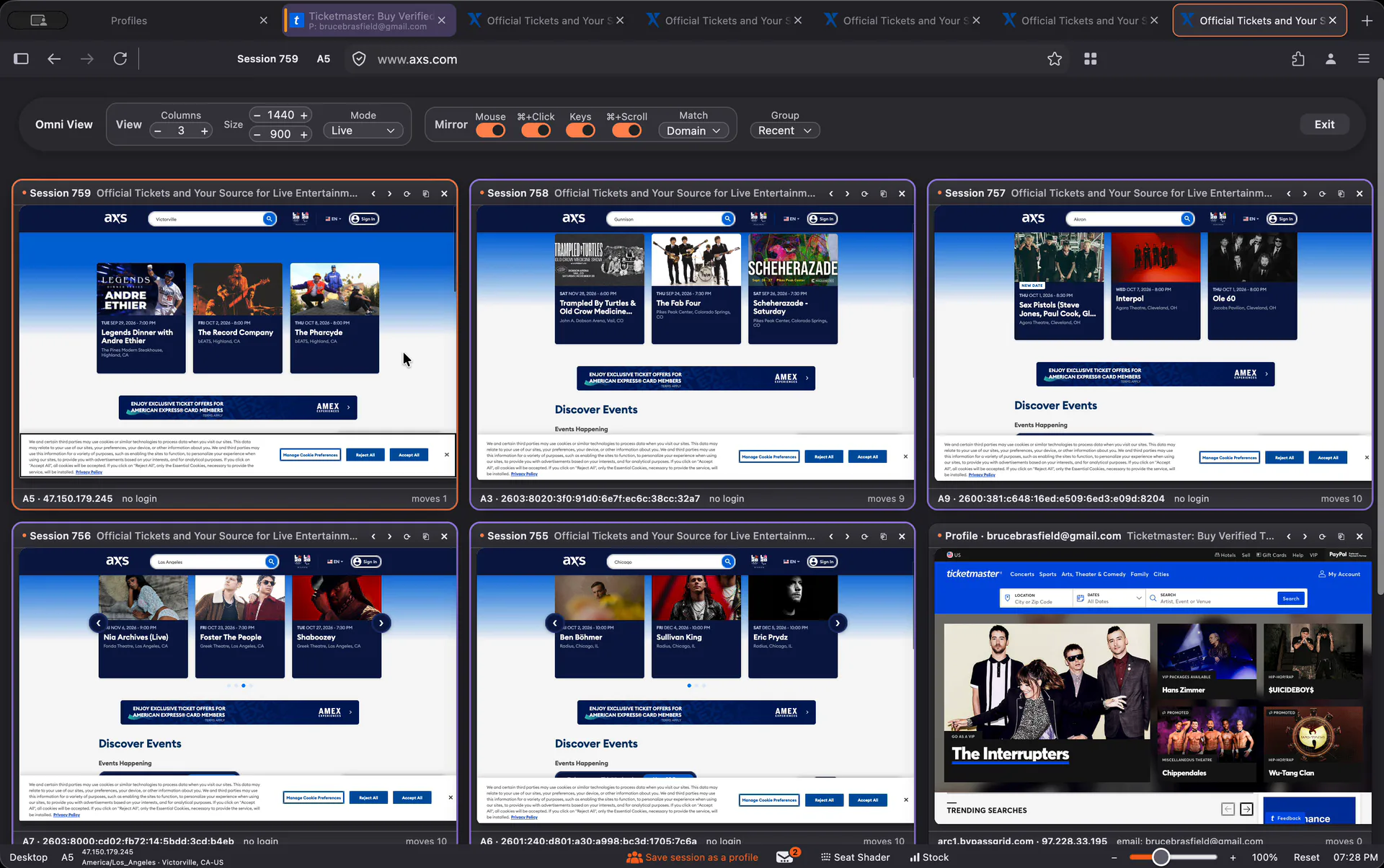 Omnifox switching between AXS tabs, opening Omni View, scrolling six tabs at once, opening events in two of them, then taking one tab to full size on its seat map.