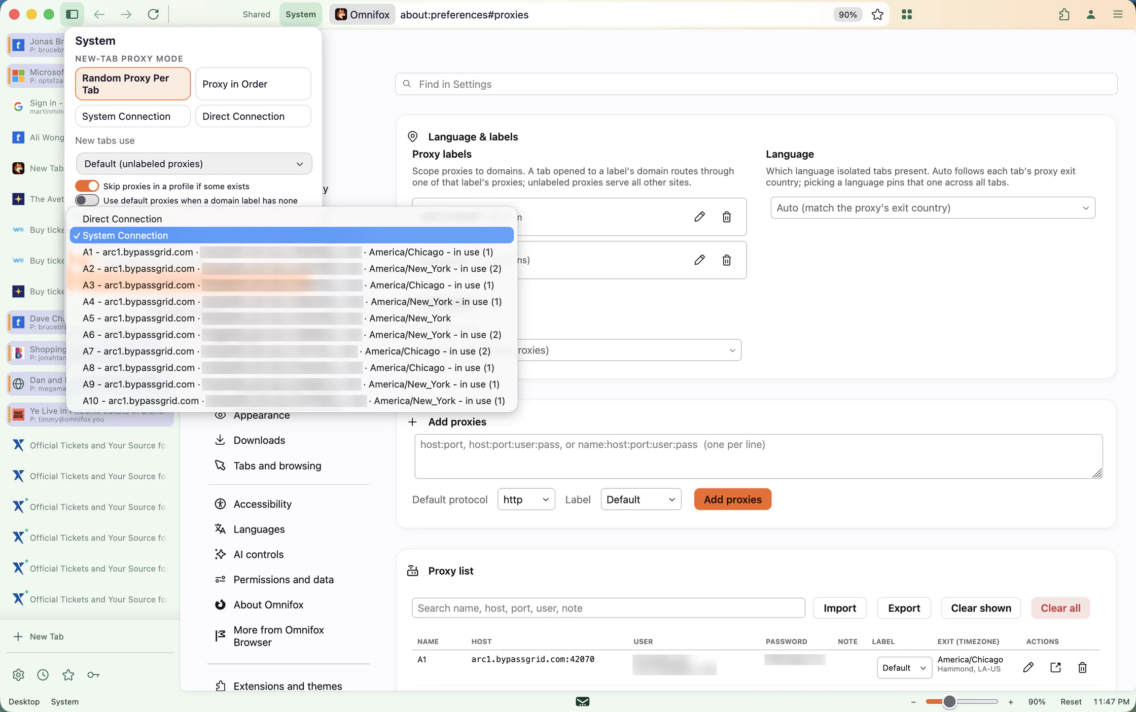 Omnifox proxy settings with the new-tab proxy mode menu open on Random Proxy Per Tab, over a list of ten proxies showing each one's exit timezone and how many tabs are using it.