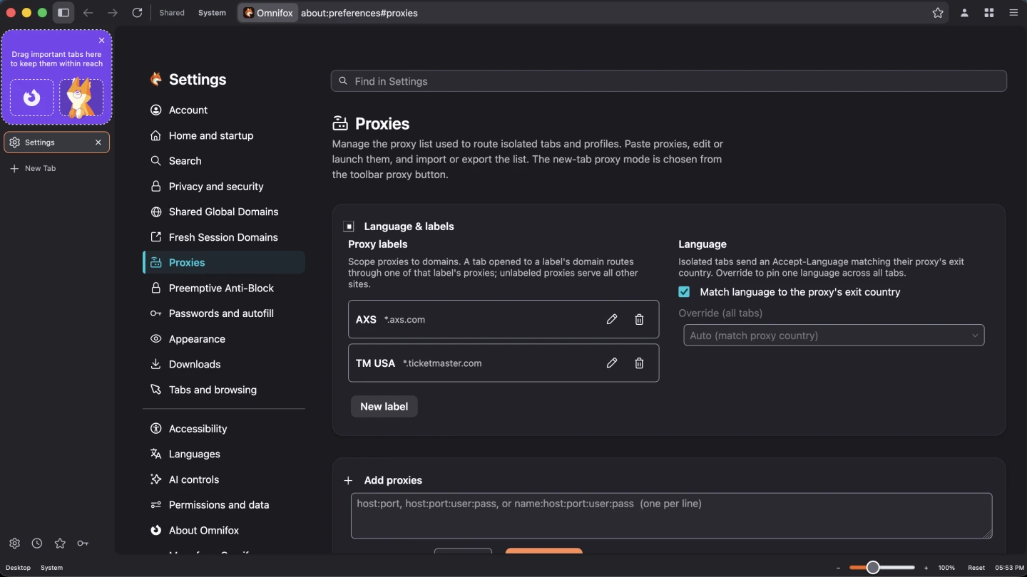 The Proxies settings pane showing named proxy labels, each scoped to a domain pattern.
